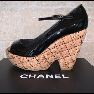CHANEL Patent Leather/Quilted Cork Platform Wedges